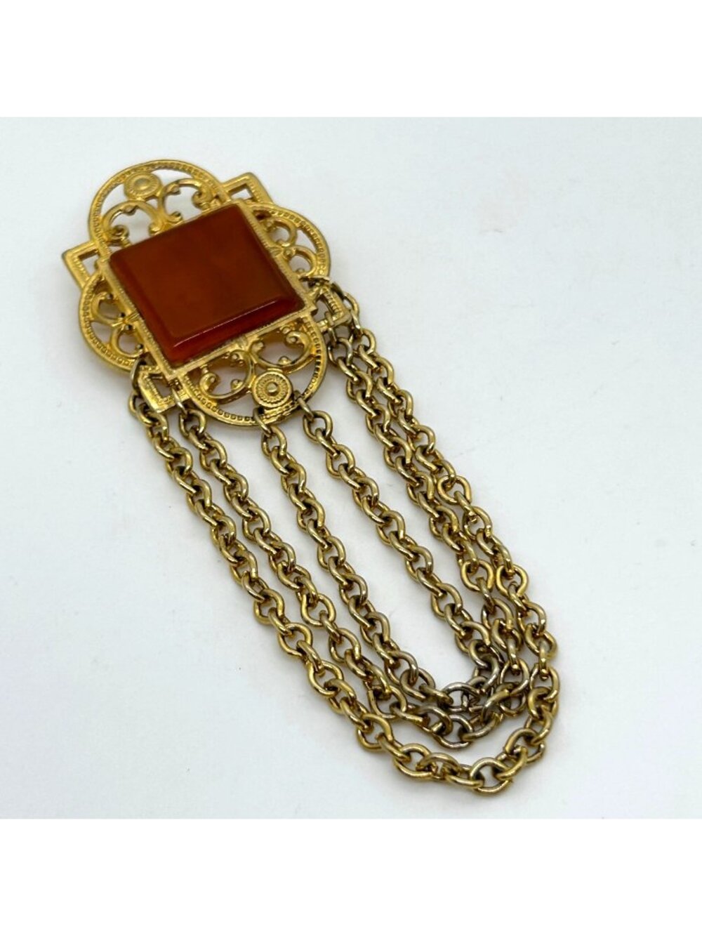 Ornate Filigree Orange Acrylic Cascading Swag Multi Chain Dangle Pin Vintage